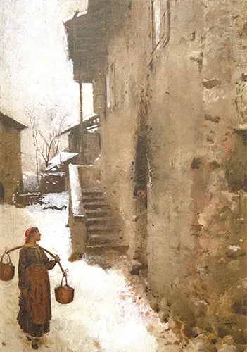Una donna alla fontana, scena di vita rurale trentina