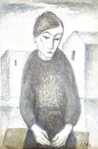 Ritratto di una donna, volto scavato e sguardo che attraversa lo spettatore