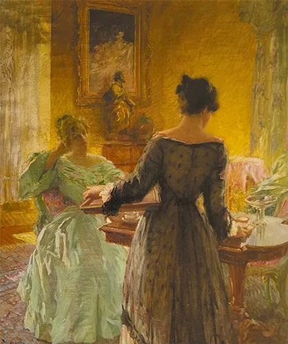 Due donne sedute a un tavolino da tè, in un interno borghese