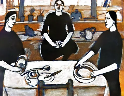 Tre figure femminili attorno a una tavola, dai volti ieratici